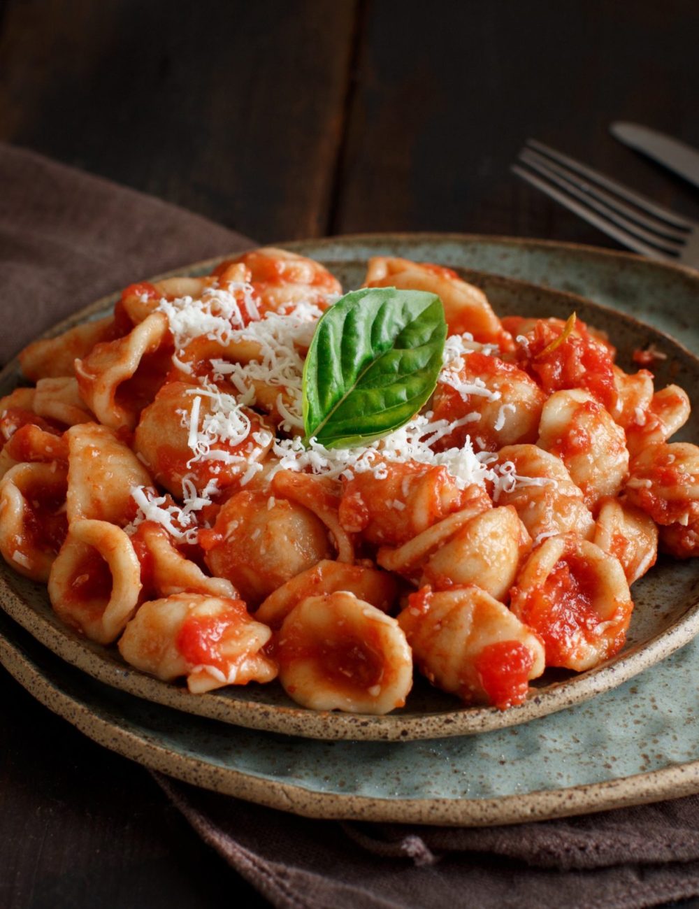 South italian  pasta orecchiette with tomato sauce and cacioricotta cheese close up on a dark table